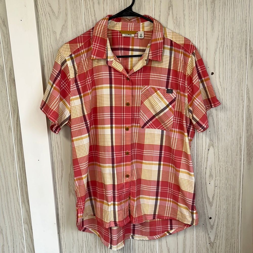 L.L. Bean medium short sleeve pink and yellow plaid button down shirt